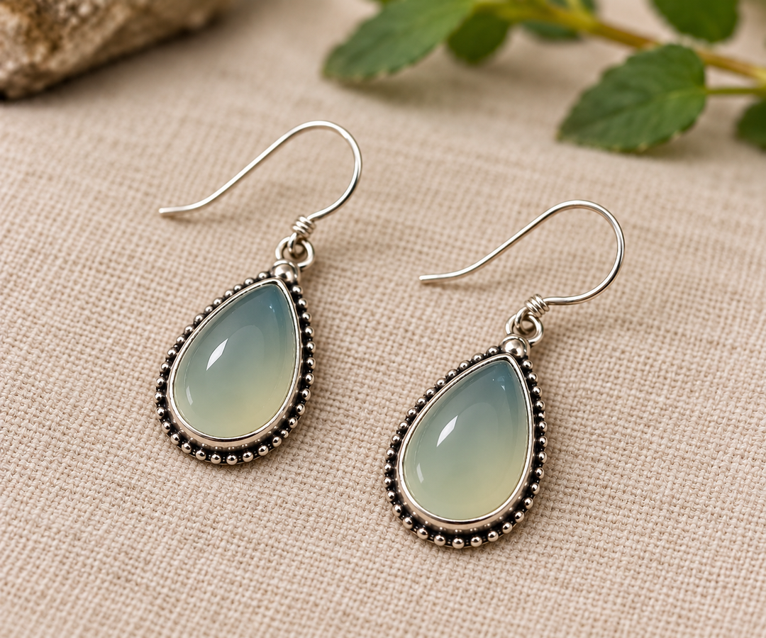 Pale Green Chalcedony Teardrop Sterling Silver Earrings