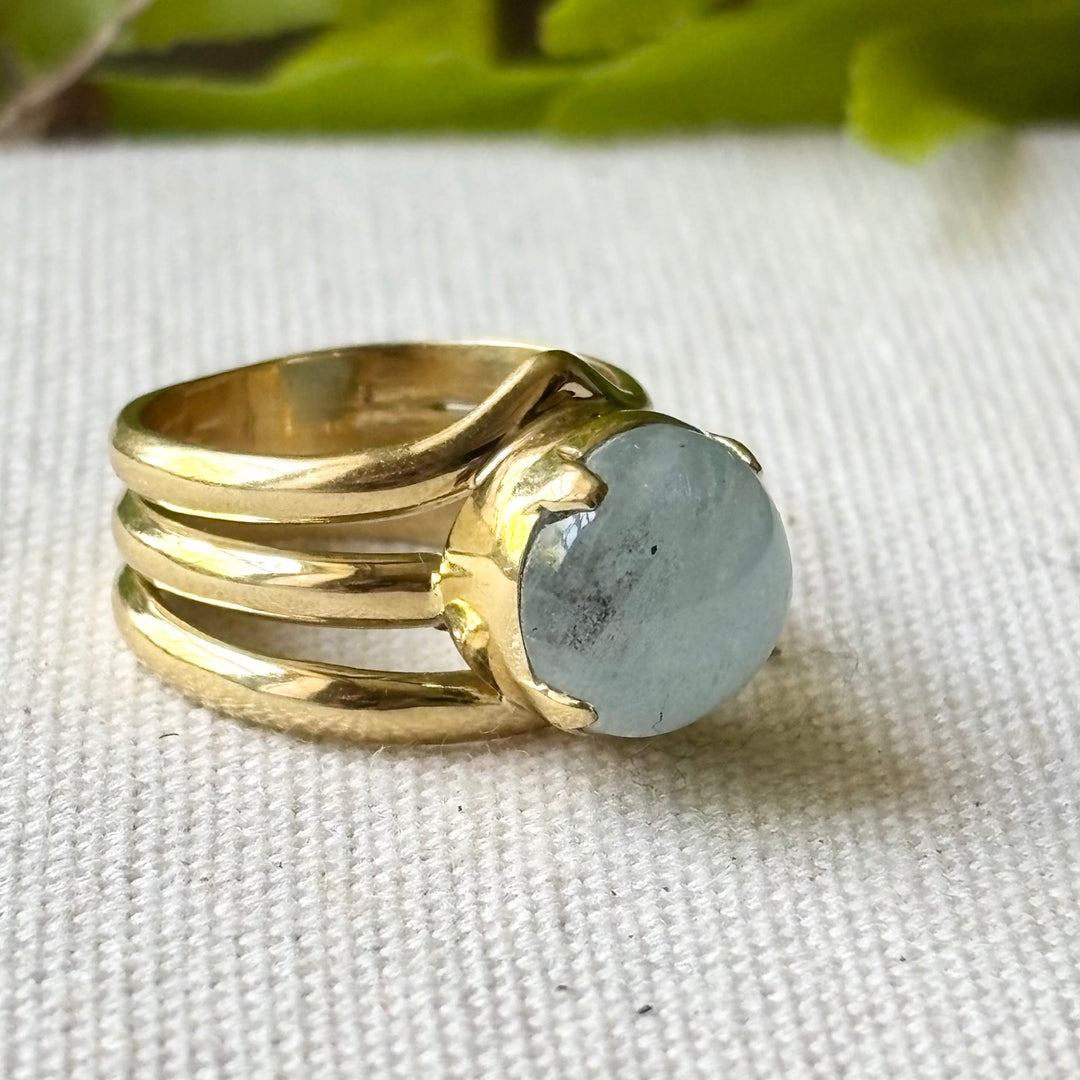 Aquamarine Cabochon Panchadhatu Ring – Handmade. Size L