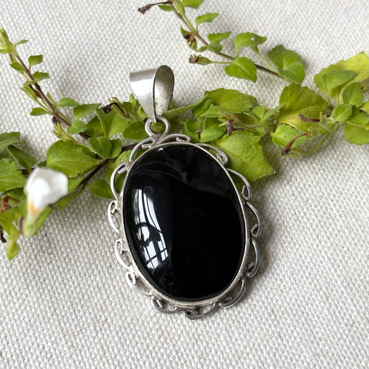 Black Onyx Sterling Silver Oval Pendant