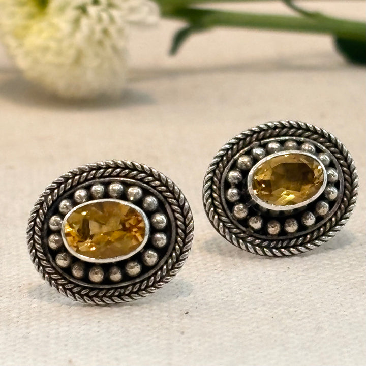 Large Citrine Silver Ornate Stud Earrings 14 x 10 mm