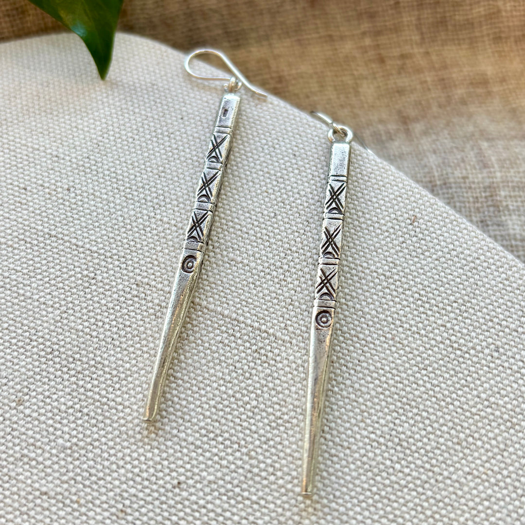 Large Solid Sterling Silver Tribal Carved Spike Earrings