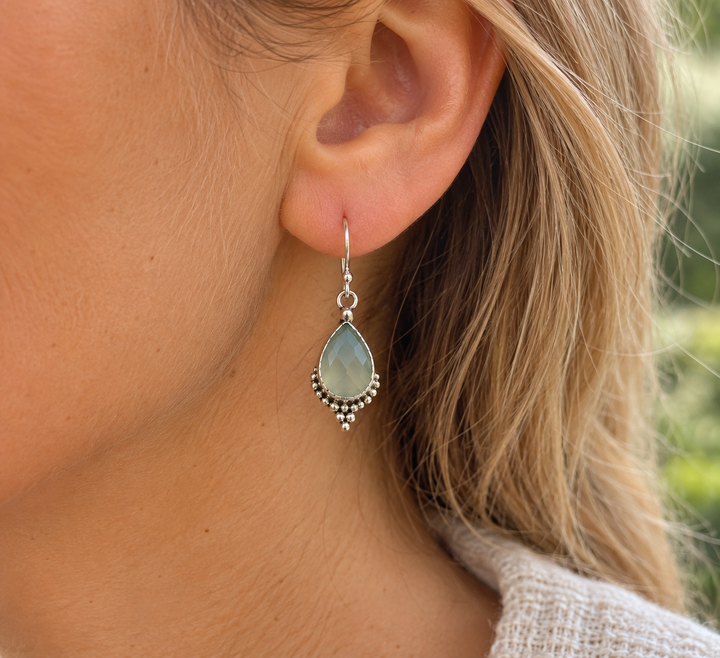 Faceted Green Chalcedony Teardrop Silver Earrings