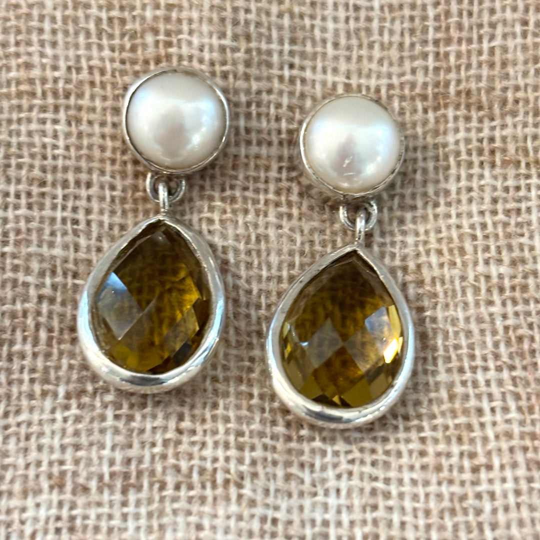 Citrine & Freshwater Pearl Teardrop Silver Earrings