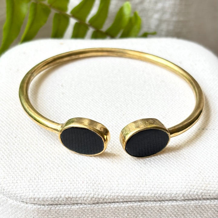 Handmade Panchadhatu Black Oval Open Cuff Bangle