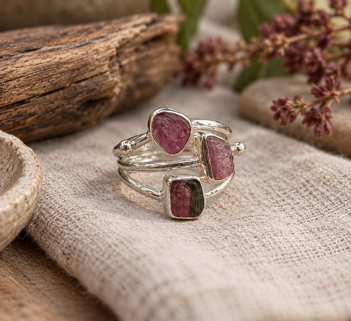 Three Stone Pink Tourmaline Sterling Silver Ring – Size M