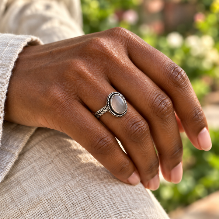 Rose Quartz Plaited Silver Ring