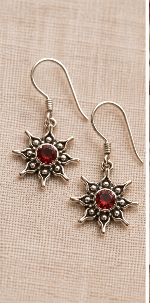 Handmade Sterling Silver Red Zirconia Sun Earrings