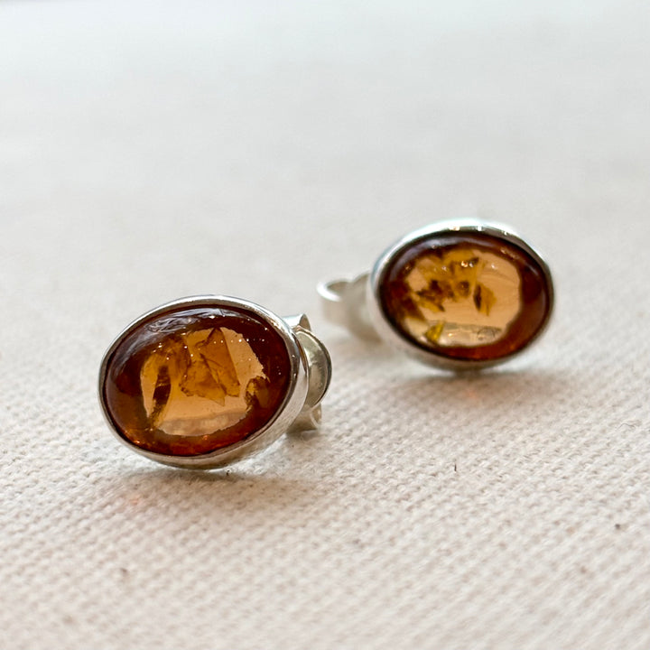 Sterling Silver Amber Oval Stud Earrings