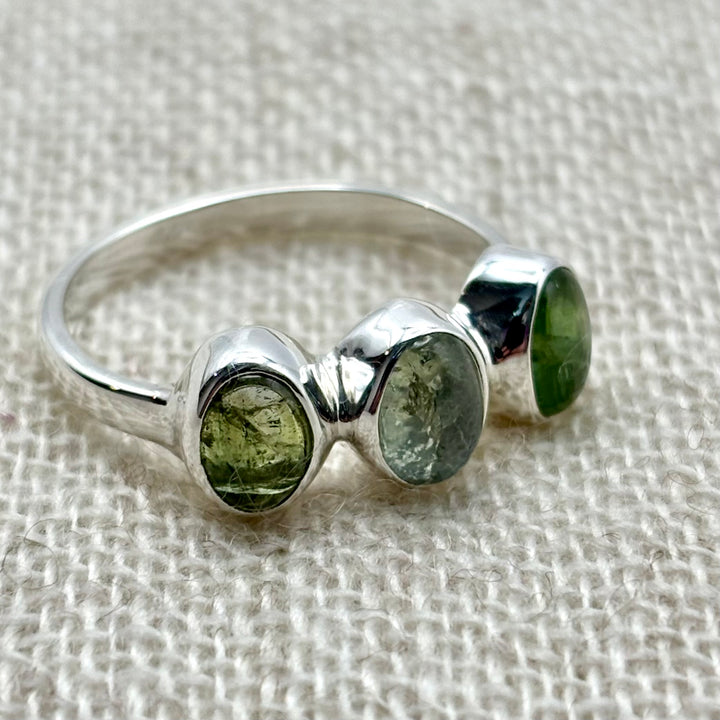 Forest Trio Green Tourmaline Ring – Sterling Silver (Size P)
