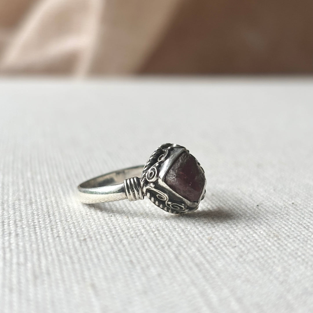 Handmade Raw Garnet Sterling Silver Ring – Size O