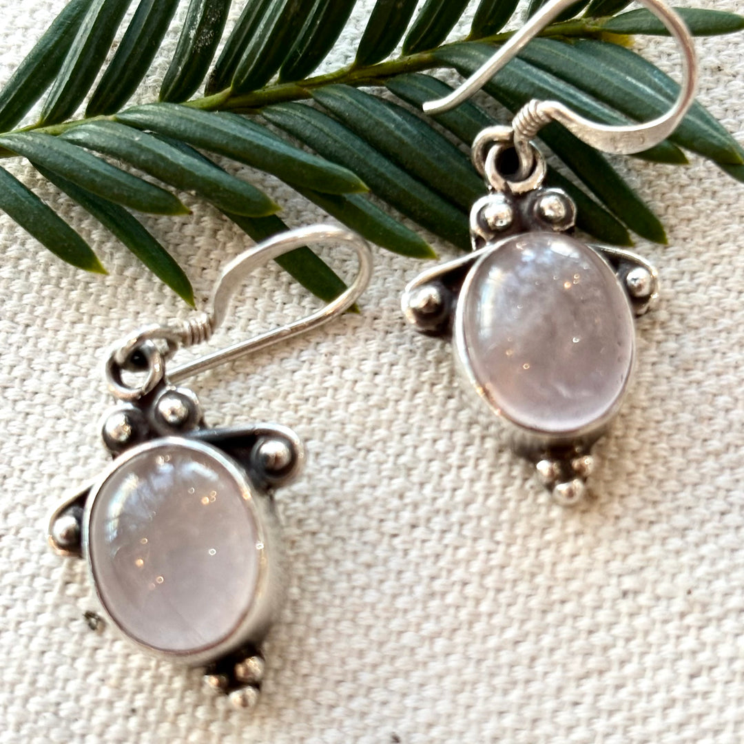 Sterling Silver Rose Quartz Ornate Drop Earrings