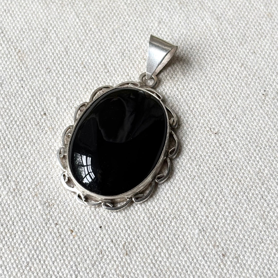 Black Onyx Sterling Silver Oval Pendant