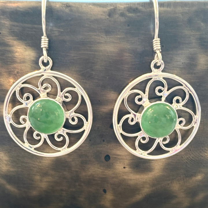 Round Jade Scroll Earrings in Sterling Silver
