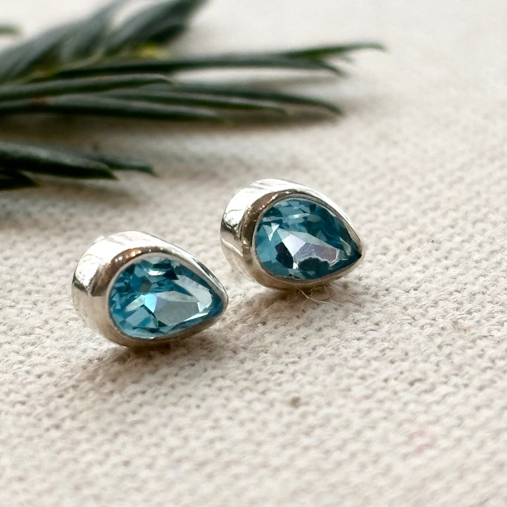 Sterling Silver Blue Topaz Pear Stud Earrings