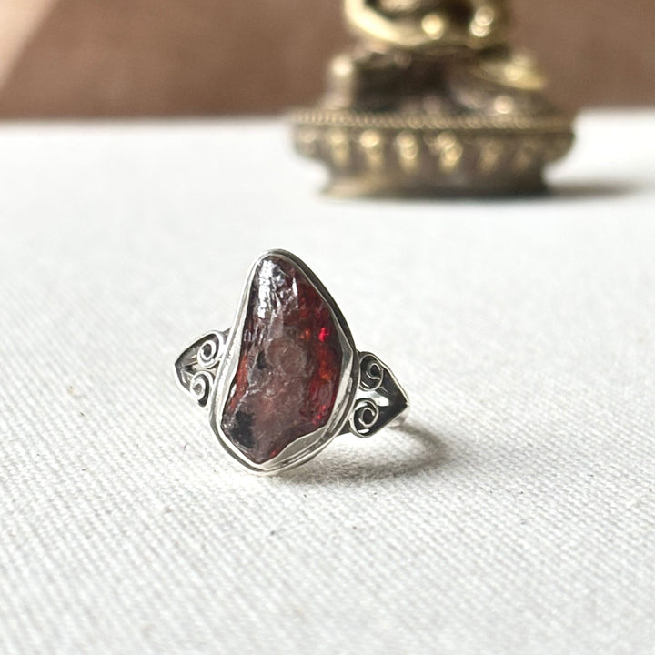 Handmade Raw Garnet Sterling Silver Statement Ring – Size O