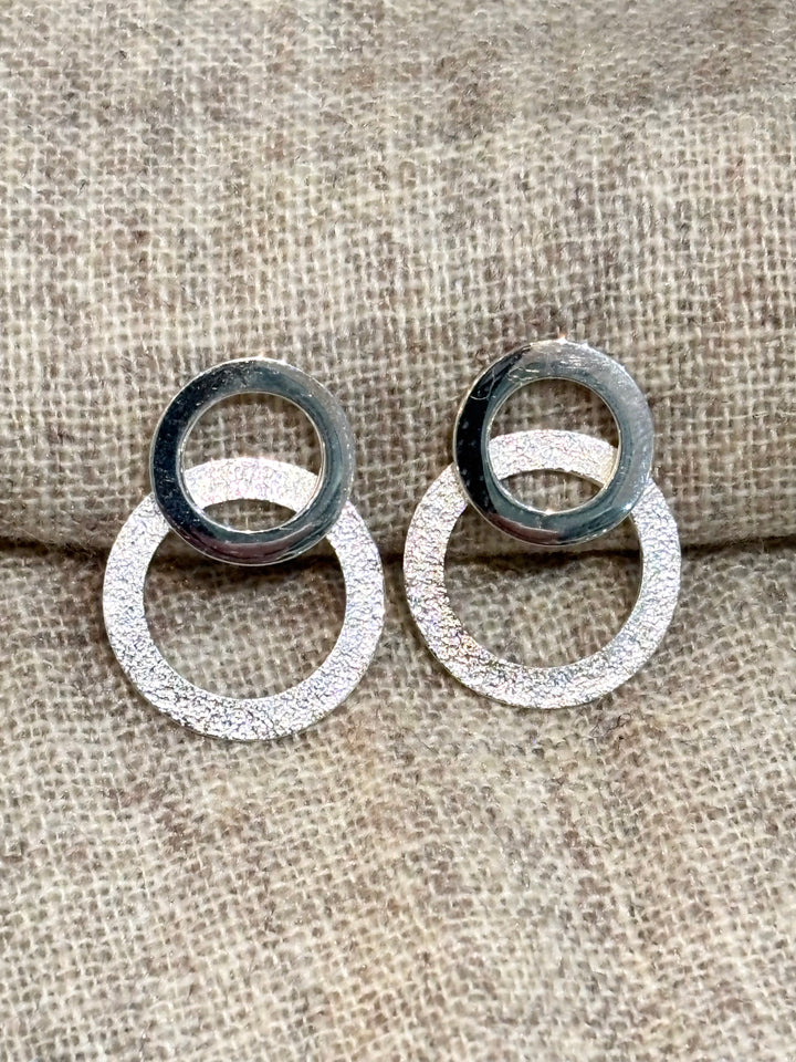 Handmade Double Circle Textured Silver Stud Earrings