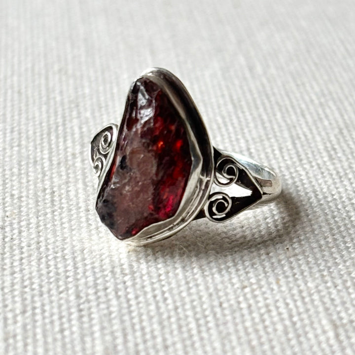 Handmade Raw Garnet Sterling Silver Statement Ring – Size O