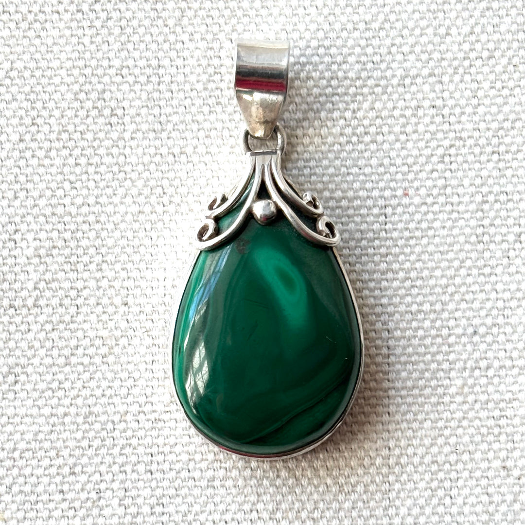 Malachite Sterling Silver Teardrop Pendant with Scroll Detail