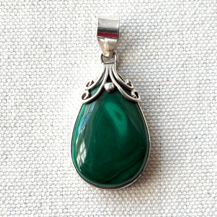 Malachite Sterling Silver Teardrop Pendant with Scroll Detail