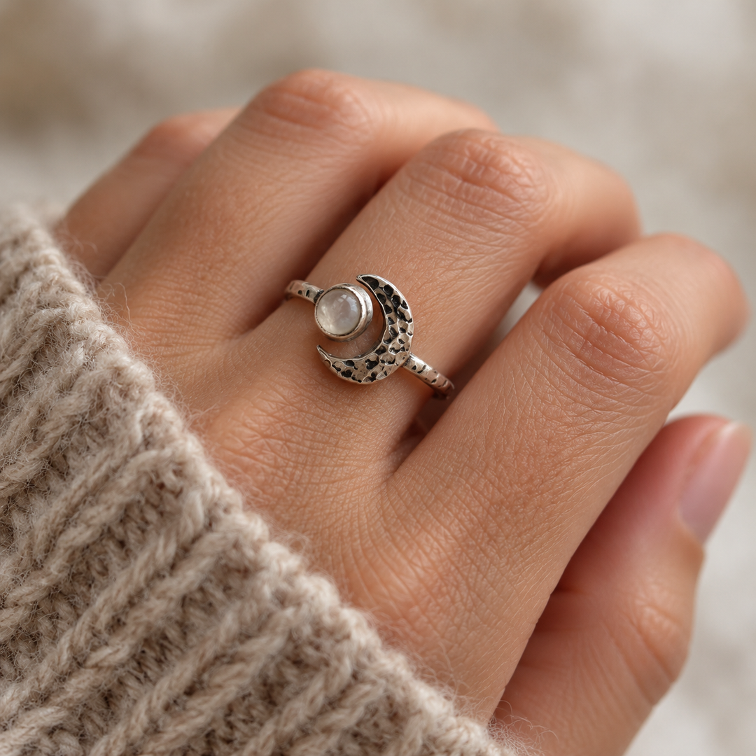 Moonstone Crescent Moon Silver Ring – Adjustable