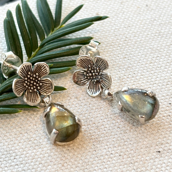 Sterling Silver Labradorite Flower Stud Earrings