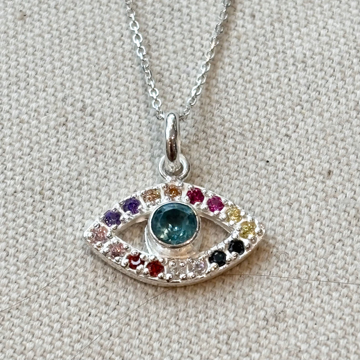 Turquoise & Purple Zircon Evil Eye Silver Necklace – 18 Inch Chain