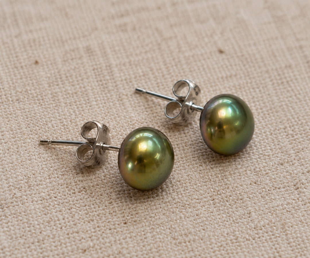 Green Freshwater Pearl Sterling Silver Stud Earrings
