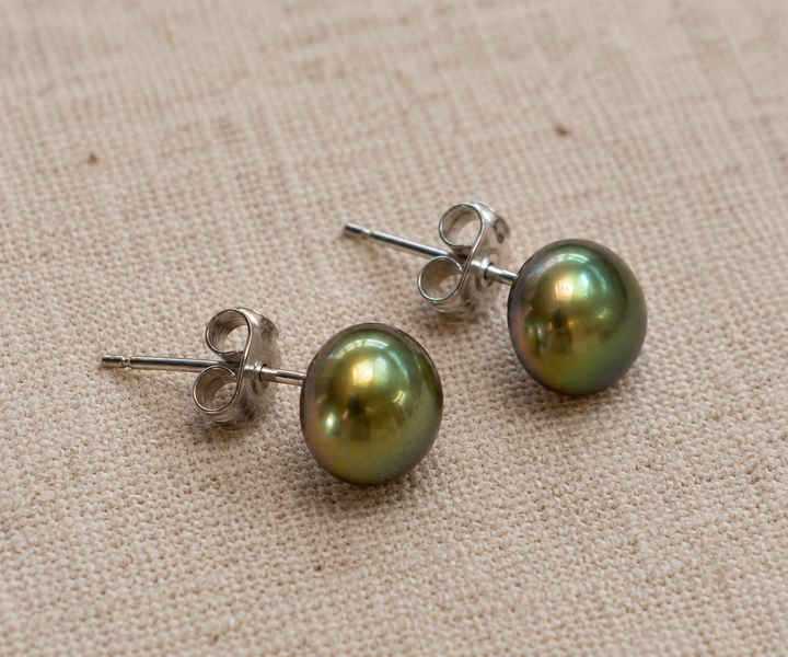 Green Freshwater Pearl Sterling Silver Stud Earrings
