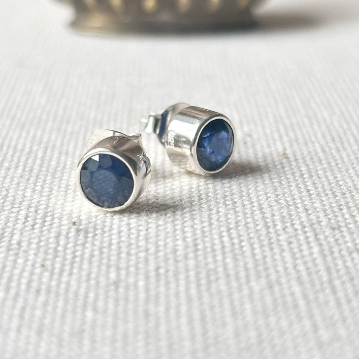 Blue Sapphire Stud Earrings – Sterling Silver Bezel Set Studs
