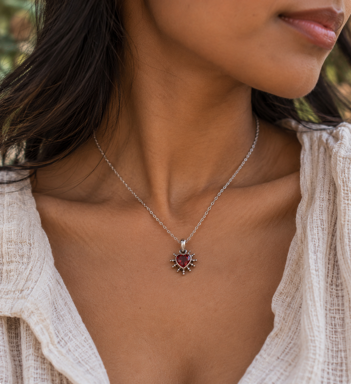 Sterling Silver Heart Sunburst Pendant with Coloured Cubic Zirconia