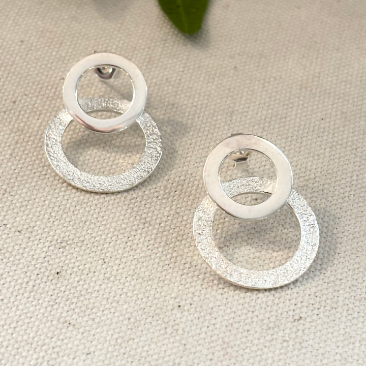 Handmade Double Circle Textured Silver Stud Earrings