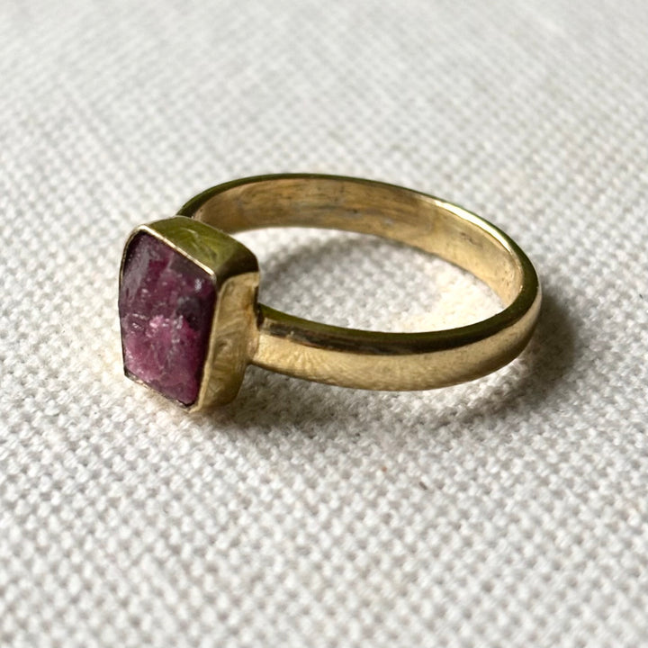 Raw Garnet Ring in Panchadhatu – Handmade Natural Gemstone Ring – Size M