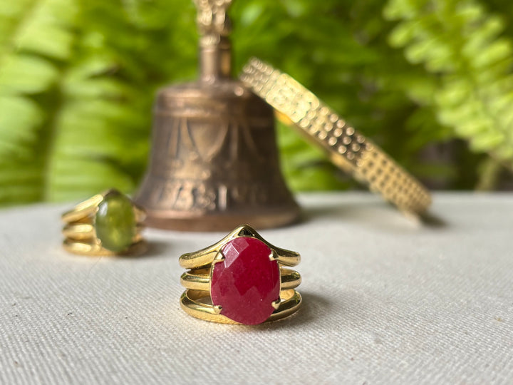 Ruby Ring in Panchdhatu – Faceted Red Gemstone – Handmade Multi Band Design – Size Q