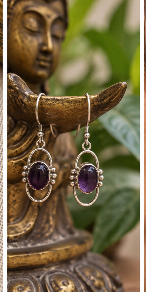 Handmade Sterling Silver Amethyst Earrings with Open Oval Detail
