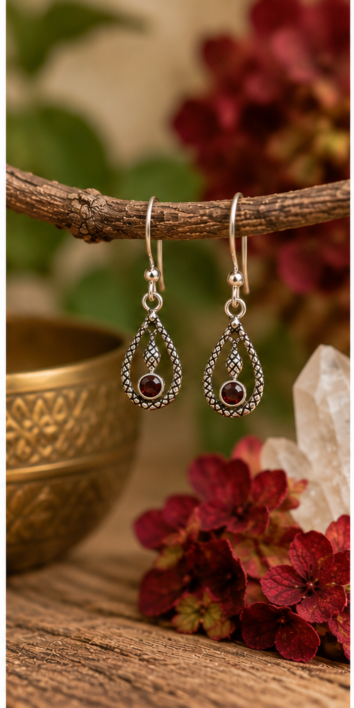 Sterling Silver Garnet Snake Design Drop Earrings