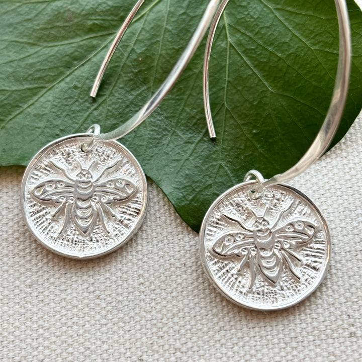 Sterling Silver Bee Coin Hoop Earrings