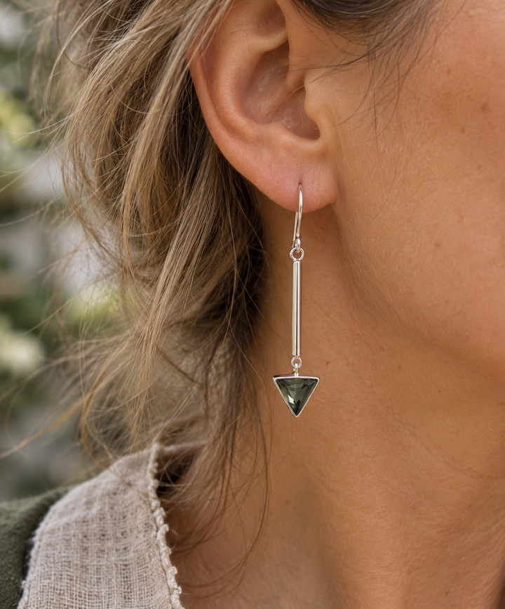 Green Obsidian Triangle Sterling Silver Drop Earrings