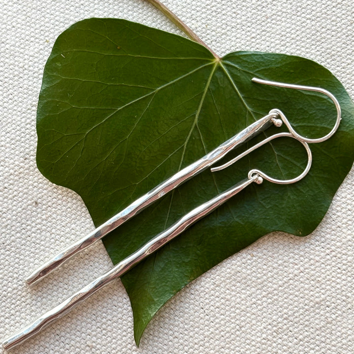 Long Hammered Silver Bar Earrings