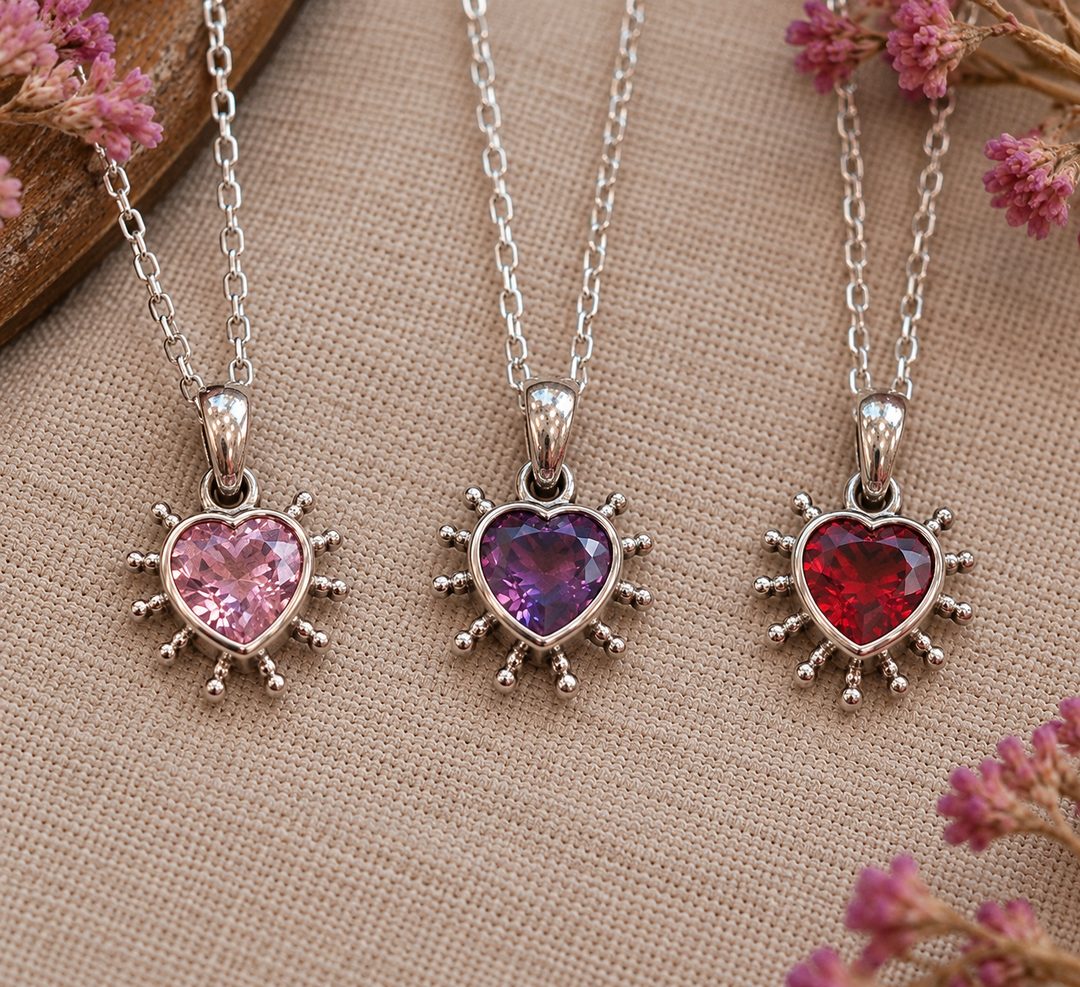 Sterling Silver Heart Sunburst Pendant with Coloured Cubic Zirconia