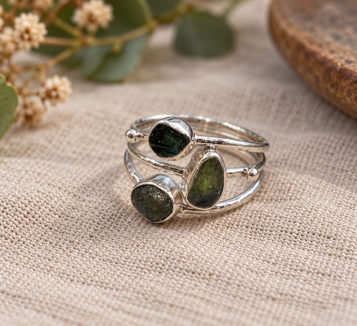 Three Stone Green Tourmaline Sterling Silver Ring – Size Q