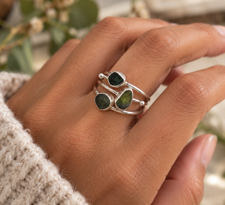 Three Stone Green Tourmaline Sterling Silver Ring – Size Q