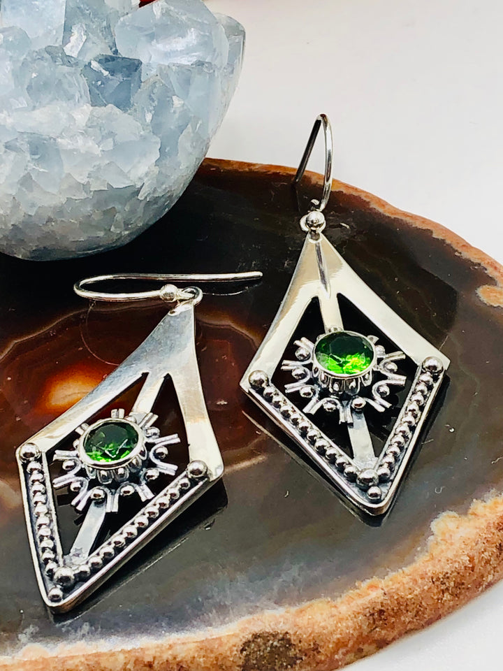 Diamond Star Earrings with Green Obsidian