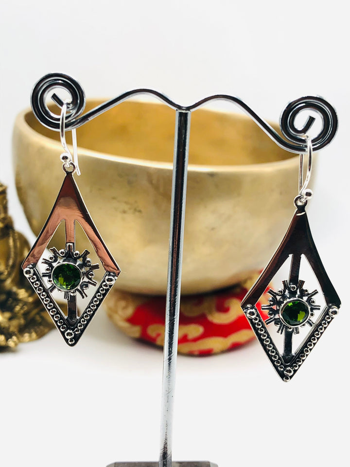 Diamond Star Earrings with Green Obsidian