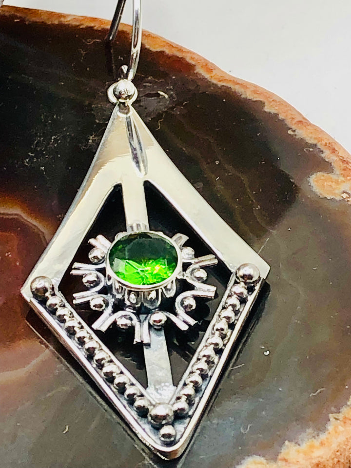 Diamond Star Earrings with Green Obsidian